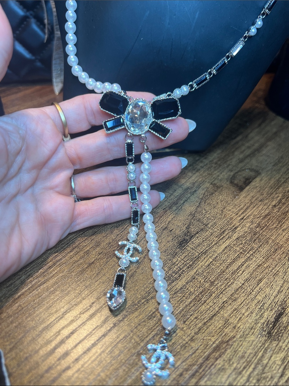 Elegant Pearl & Black Bow Pendant Necklace